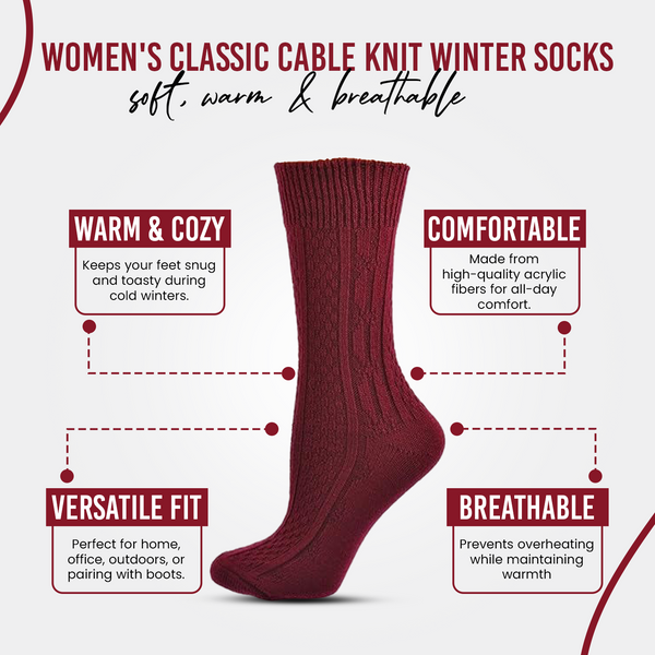 Classic Cable Knit Acrylic Crew Socks 2 pair pack