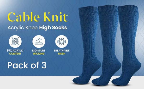 Classic Cable Knit Acrylic Knee High Socks 3 Pair Packs