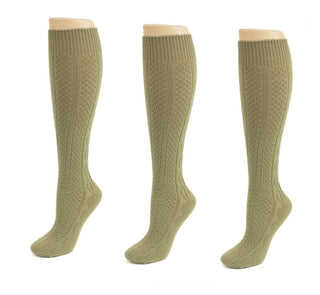 Buy khaki Classic Cable Knit Acrylic Knee High Socks 3 Pair Packs